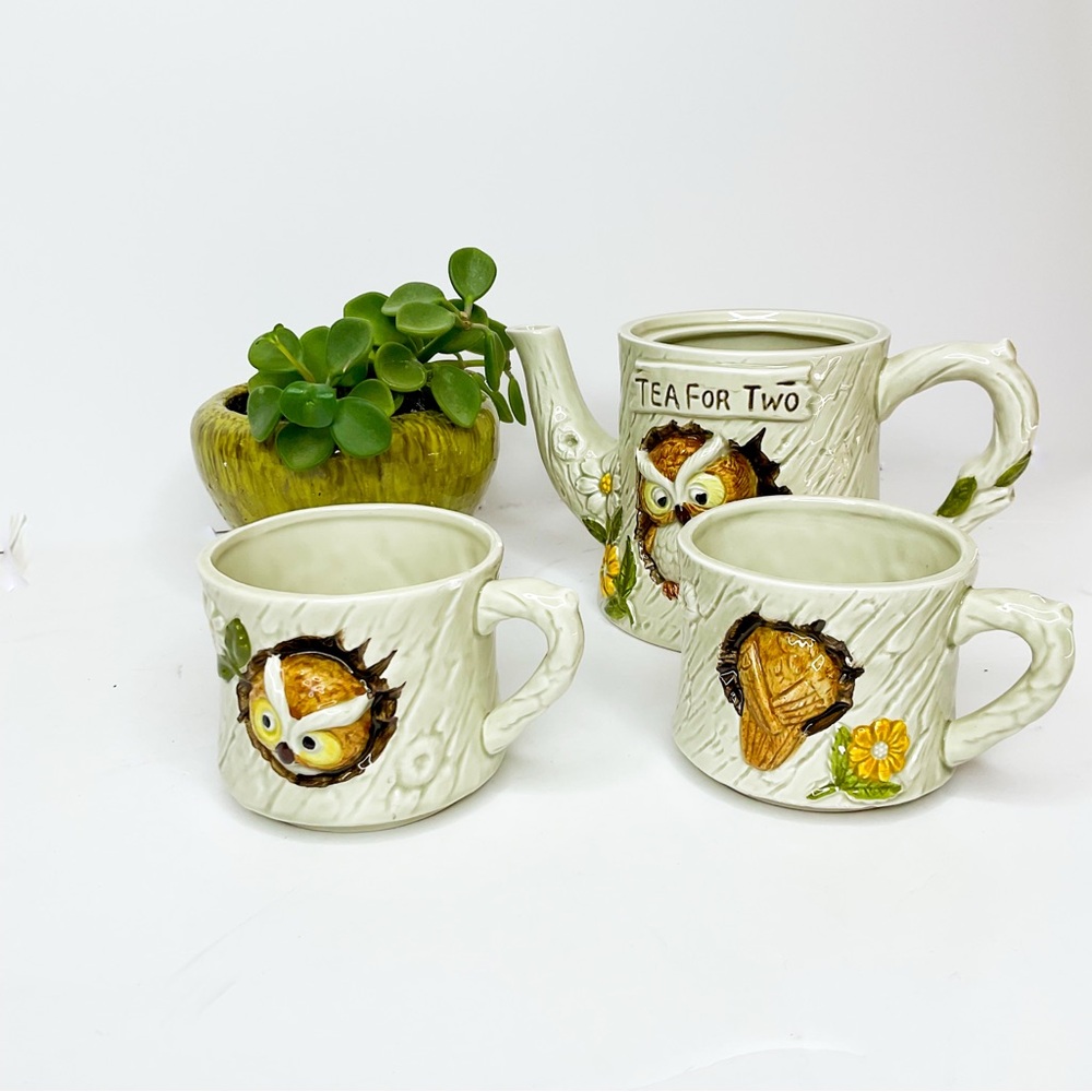 Vintage 1977 ENESCO Japan “Tea for Two” Owl Ceramic Teapot & Mug Set - Picture 2 of 12
